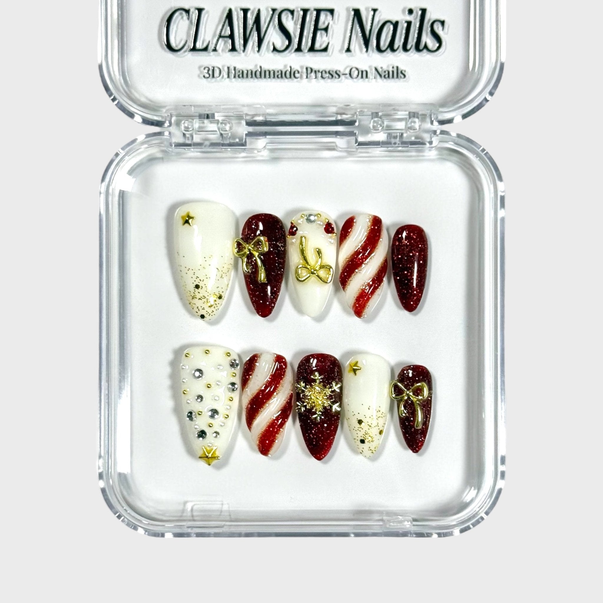 Candy Cane | 3D Handmade Reusable Press - on Nails | CLAWSIE Nails