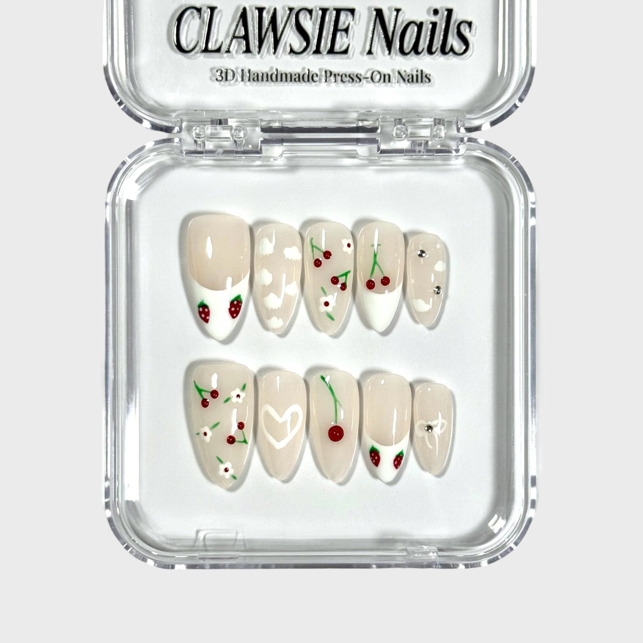 Cherry & Strawberry | 3D Handmade Reusable Press - on Nails | CLAWSIE Nails