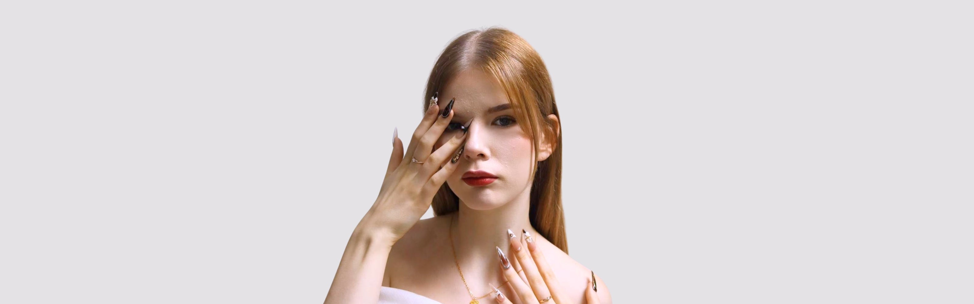 CLAWSIE Nails Long Length Press On Nails Desktop Banner | Dramatic Black and Silver Fake Nails for Statement Look