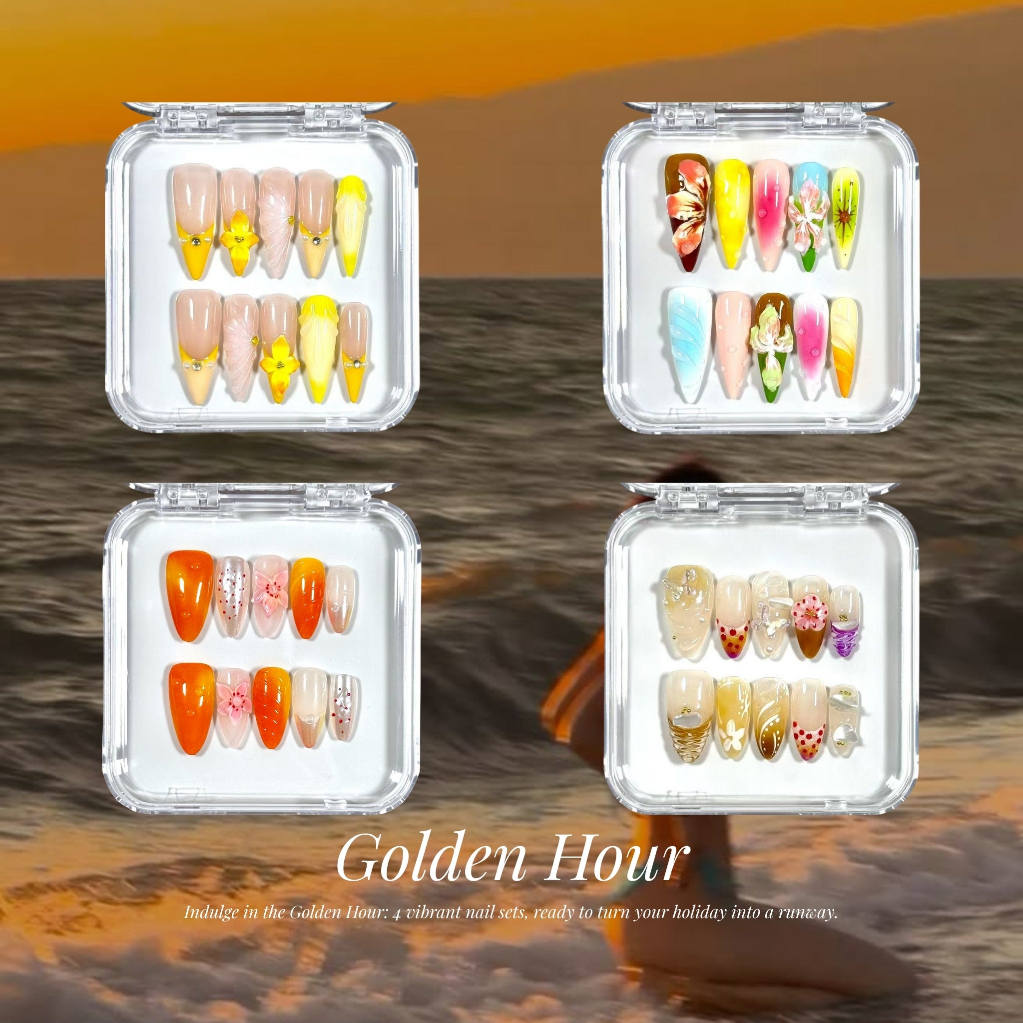 Golden Hour | 3D Handmade Reusable Press - on Nails | CLAWSIE Nails
