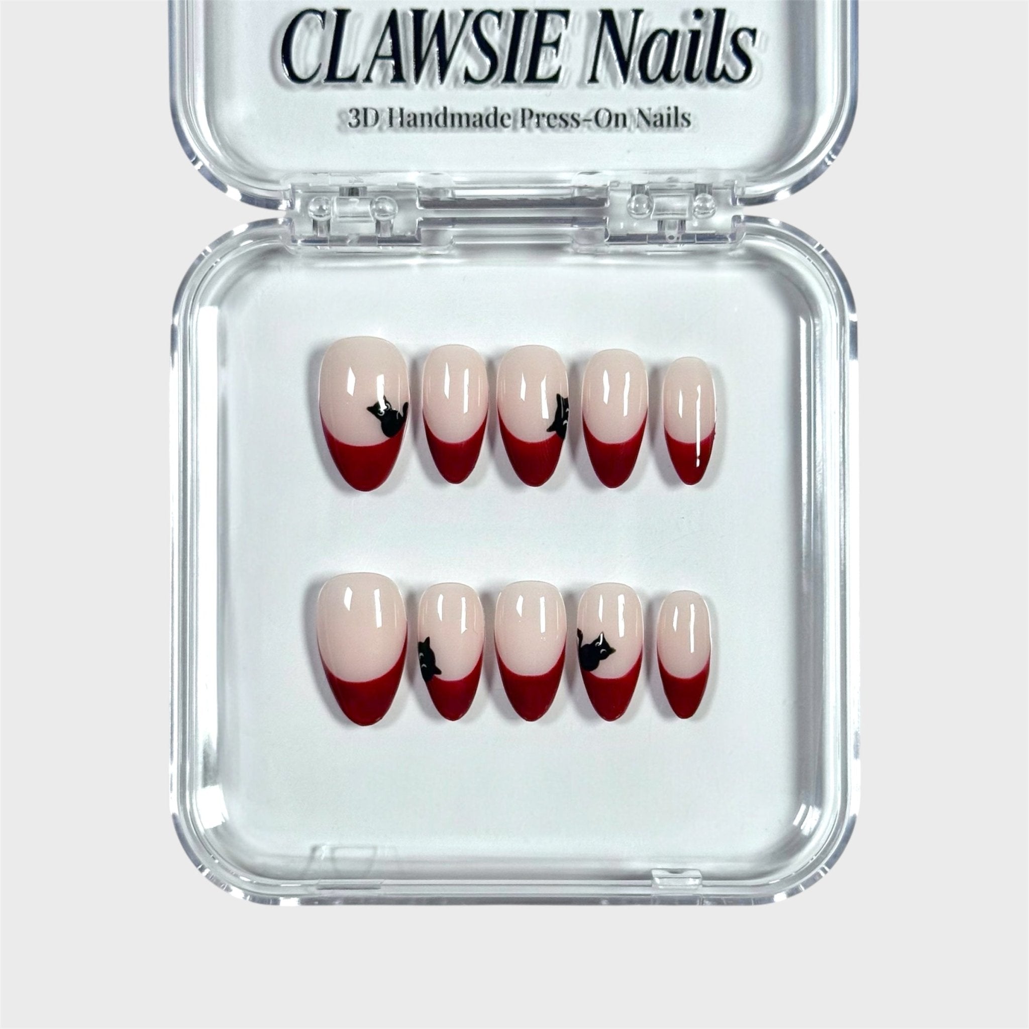 Cherry cat | 3D Handmade Reusable Press - on Nails | CLAWSIE Nails