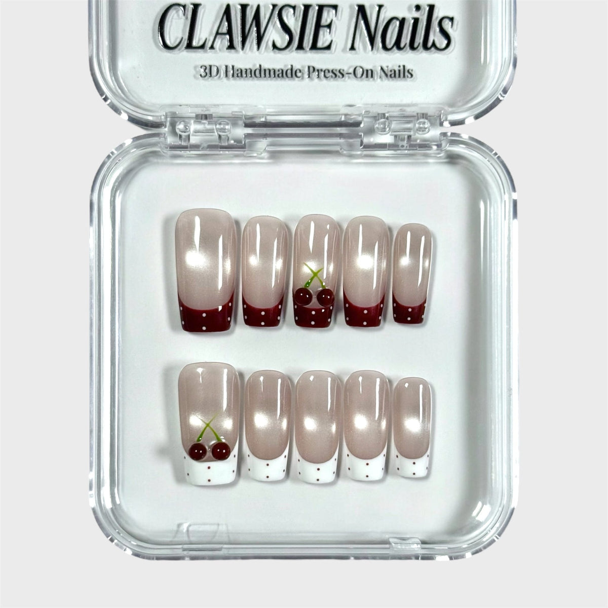 Cherry Polka | 3D Handmade Reusable Press-on Nails | CLAWSIE Nails